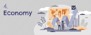 An illustration of an economy with people standing in front of it, showcasing the benefits of utilizing a content design agency.